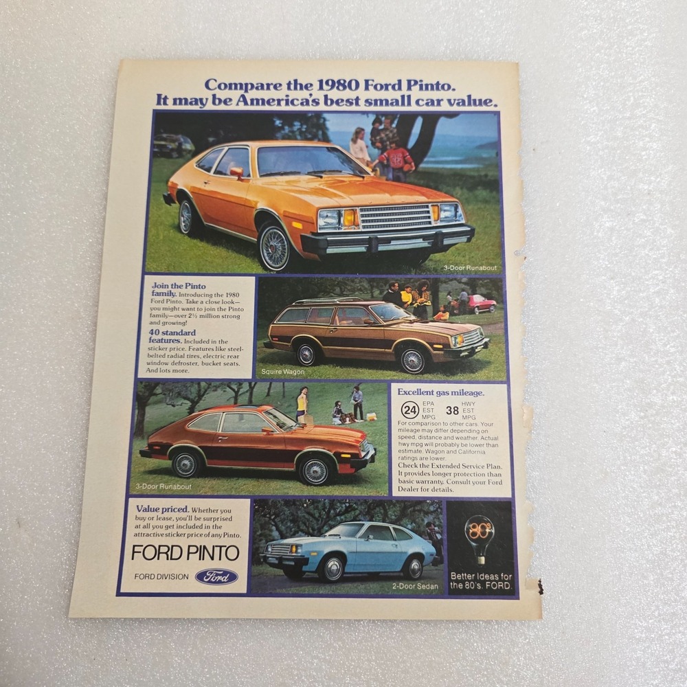 Vintage 1980 Ford Pinto Print Ad 1979 Original Magazine Clipping 8x10.5 Car Art